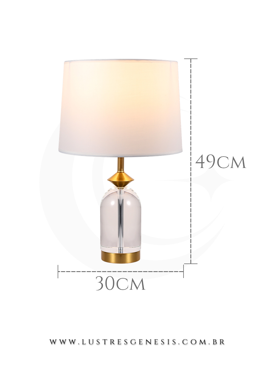 Abajur Contemporaneo Bronze e Cristal Cupula Tecido Branco 33x56cm, Quarto, Cabeceira, Sala de Estar